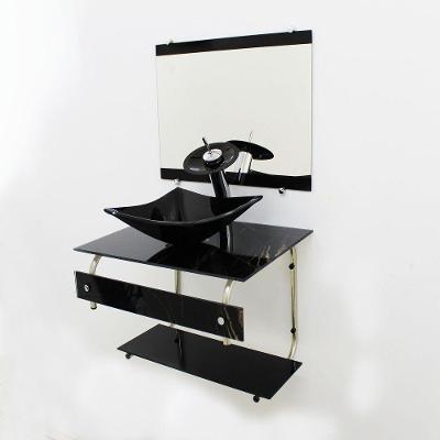 Gabinete de Vidro 60cm Inox com Cuba Quadrada Mármore Preto