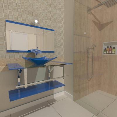 Gabinete de Vidro 80cm Inox com Cuba Quadrada Azul