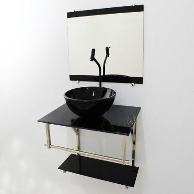 Gabinete de Vidro 60cm Inox com Cuba Redonda Mármore Preto