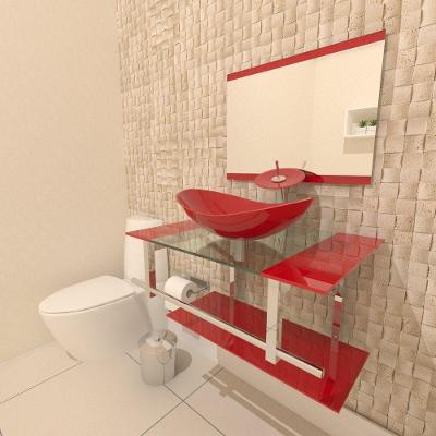 Gabinete de Vidro 70cm Inox com Cuba Oval Vermelho Ferrari