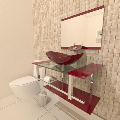 Gabinete de Vidro 70cm Inox com Cuba Oval Vermelho Cereja