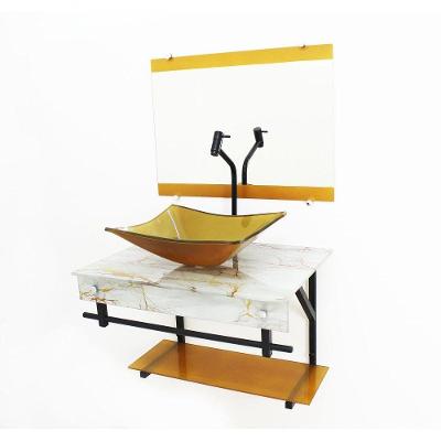 Gabinete de Vidro com Cuba Retangular Marmore Branco Dourado