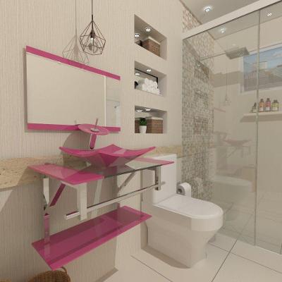 Gabinete de Vidro 60cm Inox com Cuba Quadrada Rosa