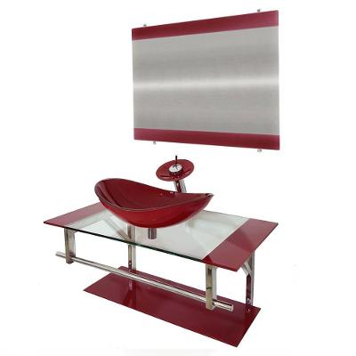Gabinete de Vidro 90cm Inox com Cuba Oval Vermelho Cereja