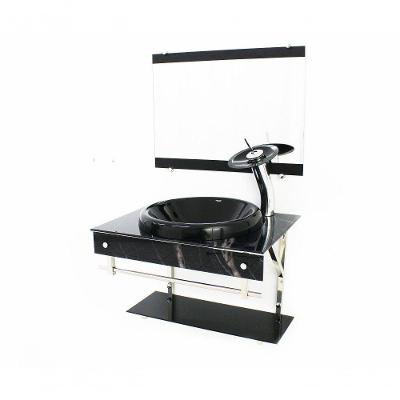 Gabinete de Vidro 60cm Inox com Cuba Chapeu Mármore Preto