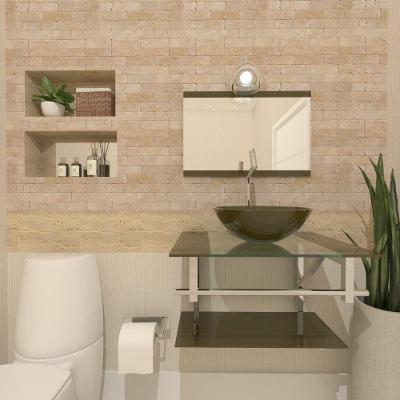 Gabinete De Vidro Para Banheiro 60cm Inox Cuba Redonda Com Sifao E Torneira Metal Cor:ouro Envelhecido