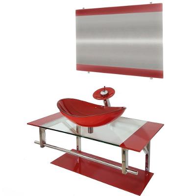 Gabinete de Vidro 90cm Inox com Cuba Oval Vermelho Ferrari
