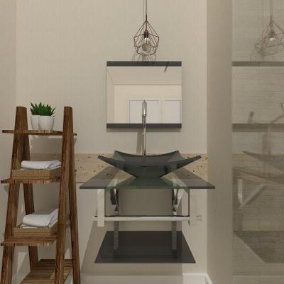 Gabinete de Vidro 45cm Inox Cuba Quadrada e Torneira Algarve