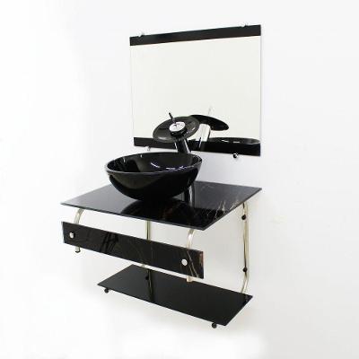Gabinete de Vidro 60cm Inox com Cuba Redonda Mármore Preto