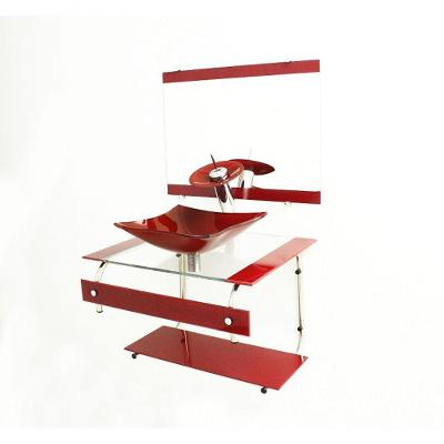 Gabinete de Vidro 60cm com Cuba Quadrada Vermelho Cereja