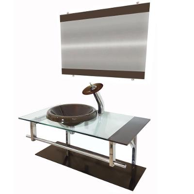 Gabinete de Vidro 90cm Inox com Cuba Chapéu Redonda Marrom