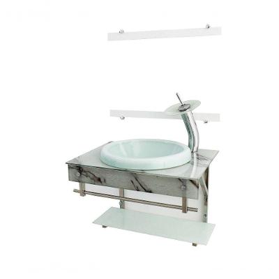 Gabinete de Vidro 60cm Inox com Cuba Chapeu Mármore Branco