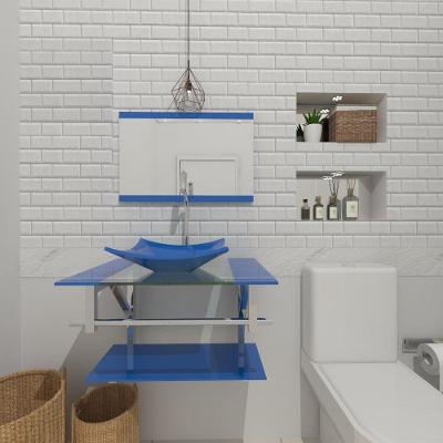 Gabinete De Vidro Para Banheiro 60cm Inox Cuba Quadrada Com Sifao E Torneira Metal Cor:azul