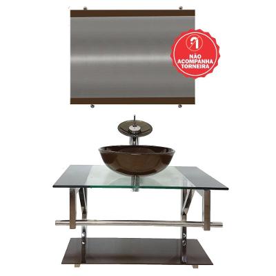 Gabinete de Vidro 80cm Inox com Cuba Redonda Marrom