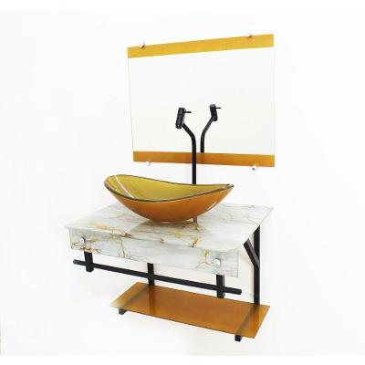 Gabinete de Vidro com Cuba Oval Marmore Branco Dourado