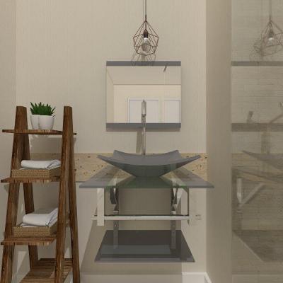 Gabinete de Vidro 45cm Inox Cuba Quadrada e Torneira Algarve