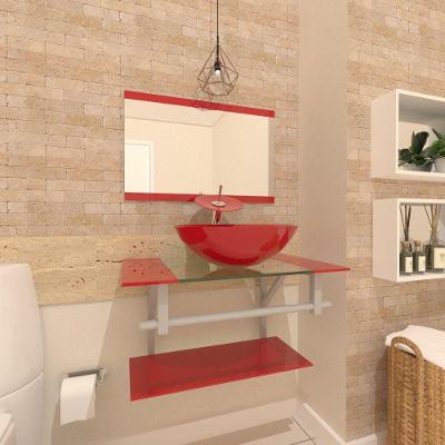 Gabinete De Vidro Para Banheiro 60cm Ac Cuba Redonda Com Sifao E Torneira Metal Cor:vermelho Ferrari