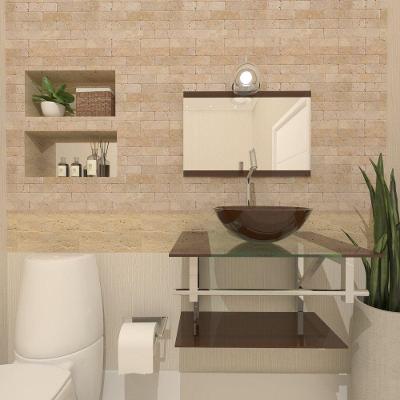 Gabinete De Vidro Para Banheiro 60cm Inox Cuba Redonda Com Sifao E Torneira Metal Cor:marrom