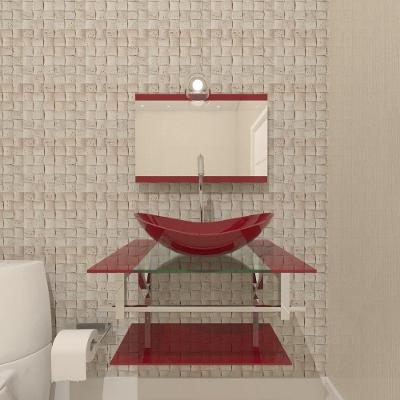 Gabinete De Vidro Para Banheiro 60cm Inox Cuba Oval Com Sifao E Torneira Metal Cor:vermelho Cereja