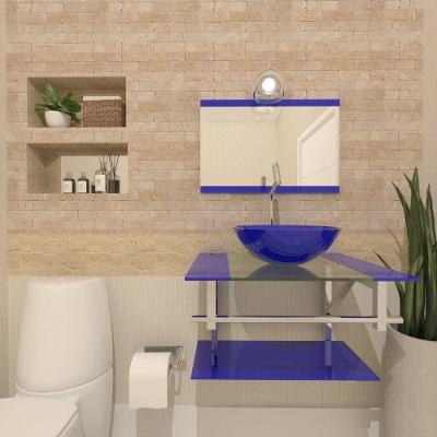 Gabinete De Vidro Para Banheiro 60cm Inox Cuba Redonda Com Sifao E Torneira Metal Cor:azul Escuro