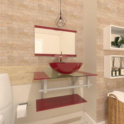 Gabinete De Vidro Para Banheiro 60cm Ac Cuba Redonda Com Sifao E Torneira Metal Cor:vermelho Cereja