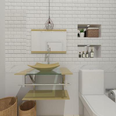 Gabinete De Vidro Para Banheiro 60cm Inox Cuba Quadrada Com Sifao E Torneira Metal Cor:champanhe