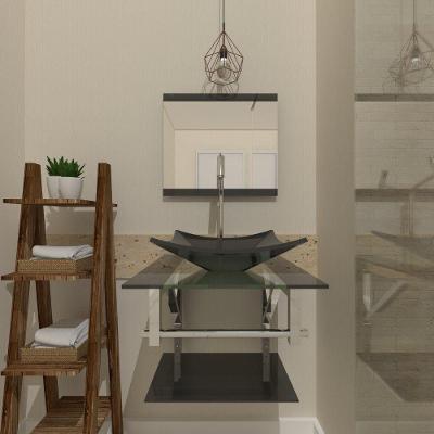 Gabinete de Vidro 45cm Inox Cuba Quadrada e Torneira Algarve