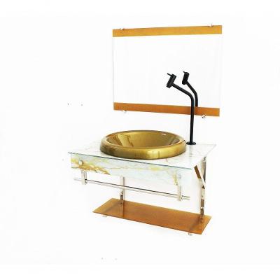 Gabinete de Vidro 60cm Inox com Cuba Mármore Branco Dourado