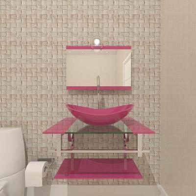 Gabinete De Vidro Para Banheiro 60cm Inox Cuba Oval Com Sifao E Torneira Metal Cor:rosa