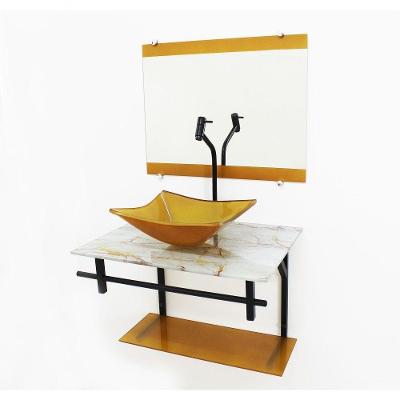 Gabinete de Vidro com Cuba Quadrada MÁrmore Branco Dourado