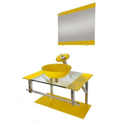Gabinete de Vidro 70cm Inox com Cuba Redonda Amarelo