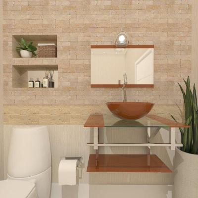 Gabinete De Vidro Para Banheiro 60cm Inox Cuba Redonda Com Sifao E Torneira Metal Cor:dourado Real