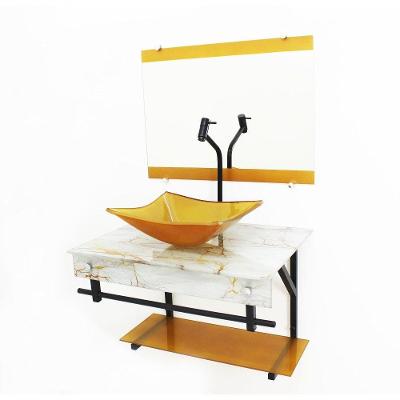 Gabinete de Vidro com Cuba Quadrada Marmore Branco Dourado