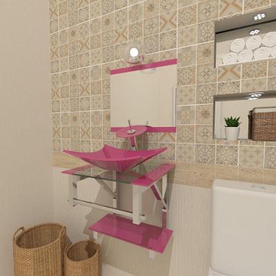 Gabinete de Vidro 45cm IQ Inox com Cuba Retangular Rosa 