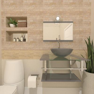 Gabinete De Vidro Para Banheiro 60cm Inox Cuba Redonda Com Sifao E Torneira Metal Cor:prata