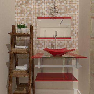 Gabinete De Vidro Para Banheiro 60cm Ac Cuba Quadrada Com Sifao E Torneira Metal Cor:vermelho Ferrari