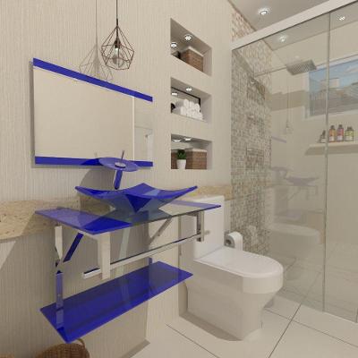 Gabinete de Vidro 60cm Inox com Cuba Quadrada Azul Escuro