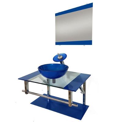 Gabinete de Vidro 70cm Inox com Cuba Redonda Azul Escuro