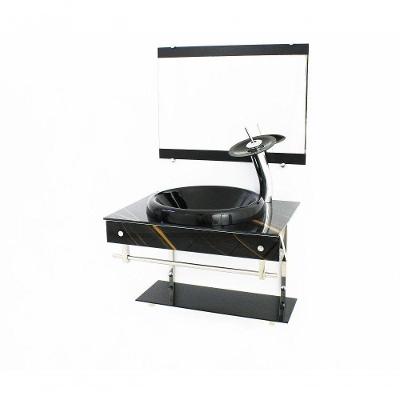 Gabinete de Vidro 60cm Inox com Cuba Chapeu Mármore Preto