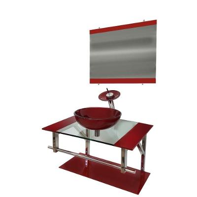 Gabinete de Vidro 70cm Inox com Cuba Redonda Vermelho Cereja