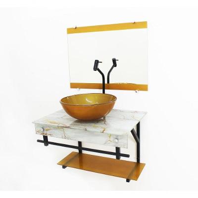 Gabinete de Vidro com Cuba Redonda Marmore Branco Dourado