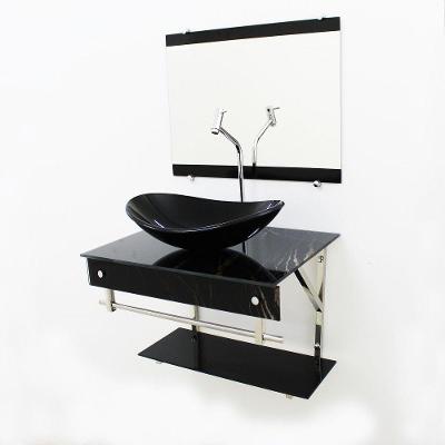Gabinete de Vidro 60cm Inox com Cuba Oval Mármore Preto