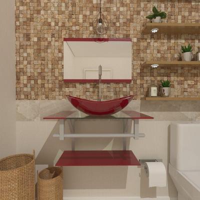 Gabinete De Vidro Para Banheiro 60cm Ac Cuba Oval Com Sifao E Torneira Metal Cor:vermelho Cereja