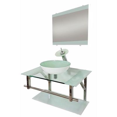 Gabinete de Vidro 70cm Inox com Cuba Redonda Branco
