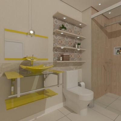 Gabinete de Vidro 70cm Inox com Cuba Quadrada Amarelo