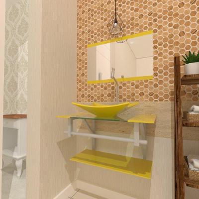Gabinete De Vidro Para Banheiro 60cm Ac Cuba Retangular Com Sifao E Torneira Metal Cor:amarelo