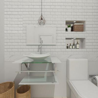 Gabinete De Vidro Para Banheiro 60cm Inox Cuba Quadrada Com Sifao E Torneira Metal Cor:branco