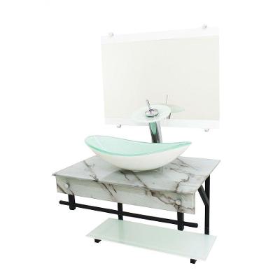 Gabinete De Vidro 70cm Apx Com Cuba Oval Mármore Branco