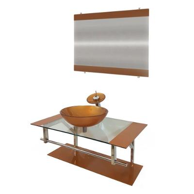 Gabinete de Vidro 90cm Inox com Cuba Redonda Dourado Real