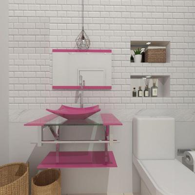 Gabinete De Vidro Para Banheiro 60cm Inox Cuba Quadrada Com Sifao E Torneira Metal Cor:rosa
